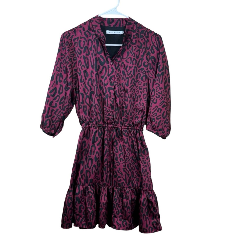 Rebecca Minkoff Dress Womens XS Burgundy Black Leopard Print‎ Satin Flouncy Hem